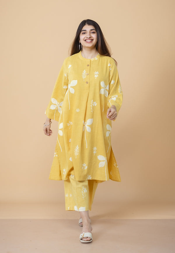 Ayaat Yellow Dabu Slub Cotton Straight Co-ord Set