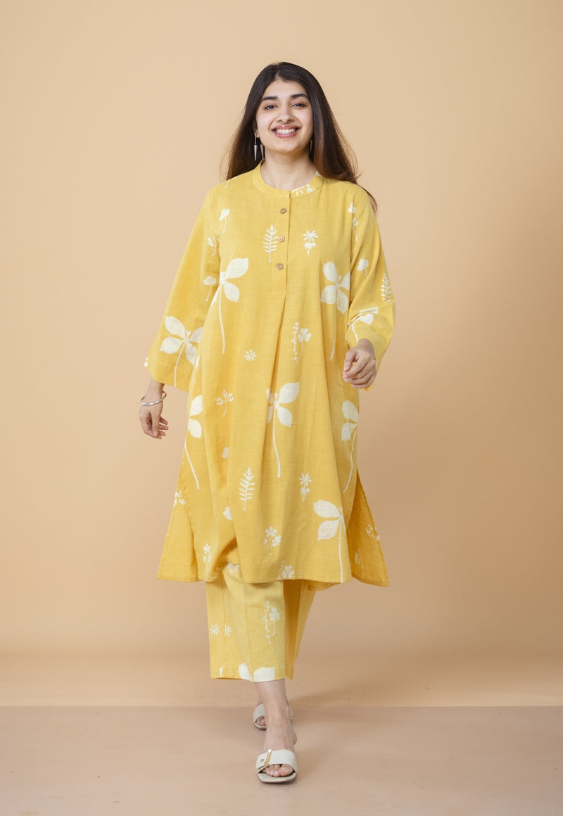 Ayaat Yellow Dabu Slub Cotton Straight Co-ord Set