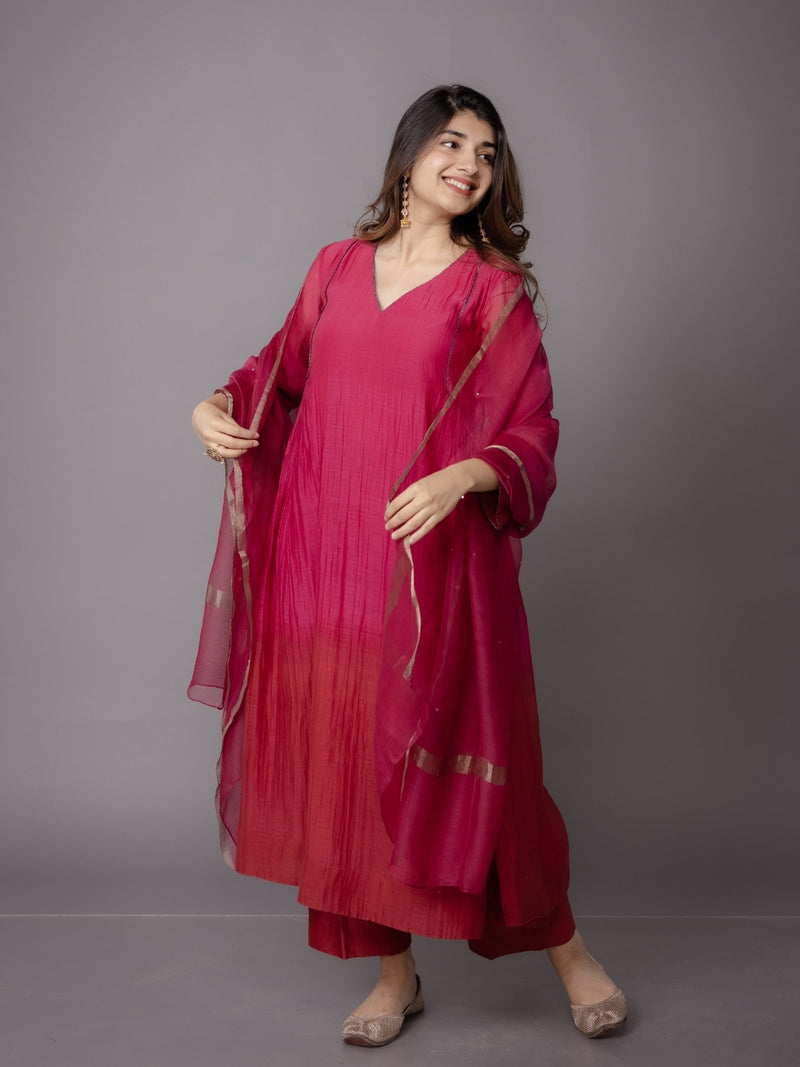 Pink Solid Zari Silk Net Dupatta with Hand Embroidery