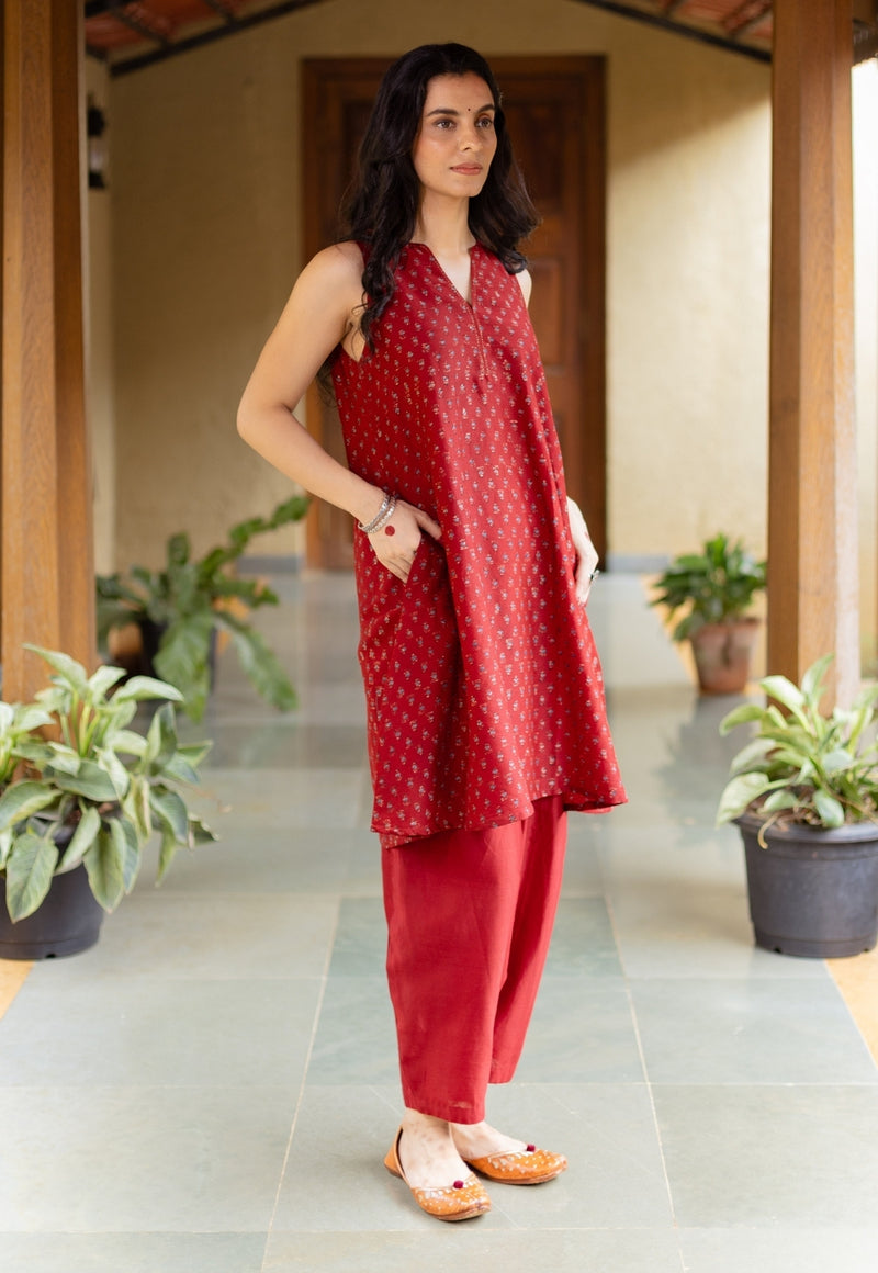 Nida Madder Ajrakh Chanderi Silk A Line Kurta with Hand Embroidery