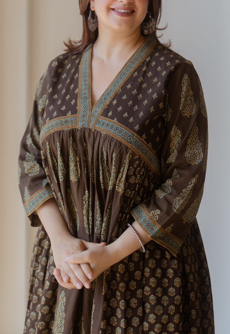 Maheen Brown Ajrakh Cotton A Line Kurta