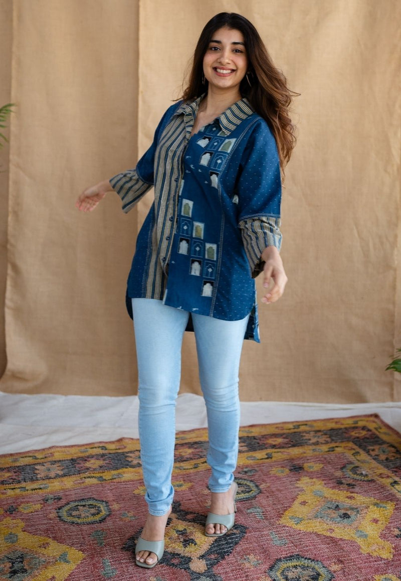 Jaipur Jharoka Indigo Ajrakh Cotton Loose Shirt with Hand Embroidery