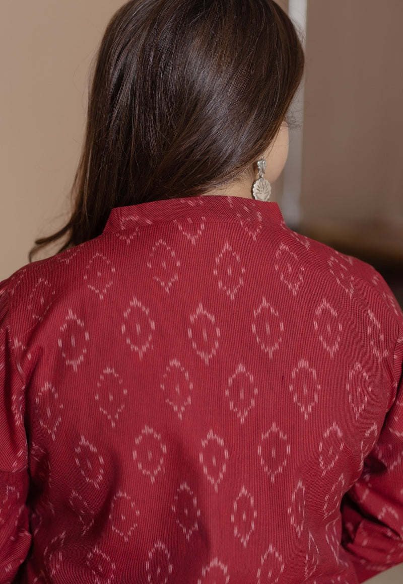 Avika Red Handloom Ikkat Cotton Straight Kurta