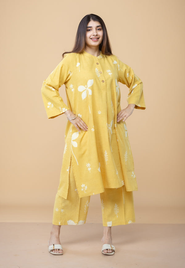 Ayaat Yellow Dabu Slub Cotton Straight Co-ord Set