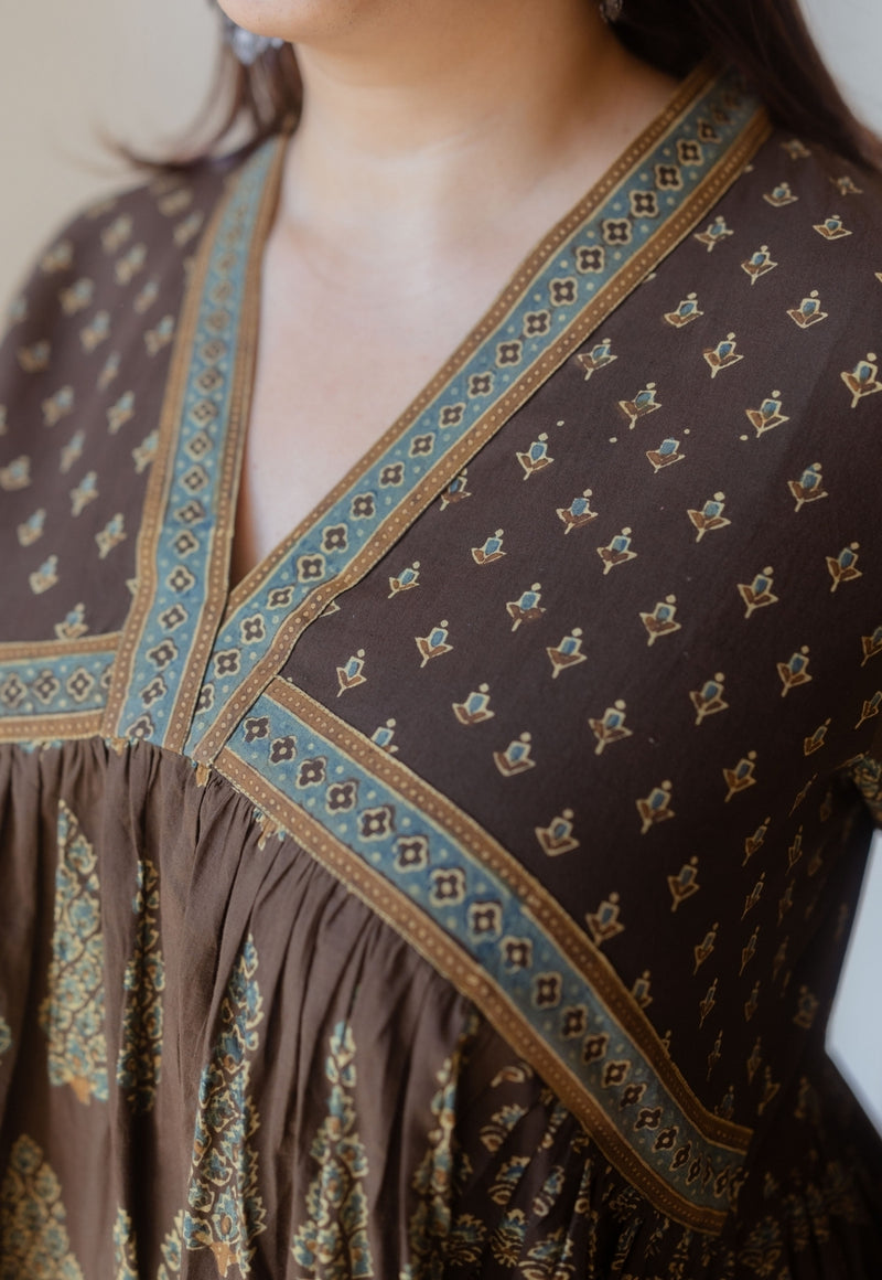 Maheen Brown Ajrakh Cotton A Line Kurta