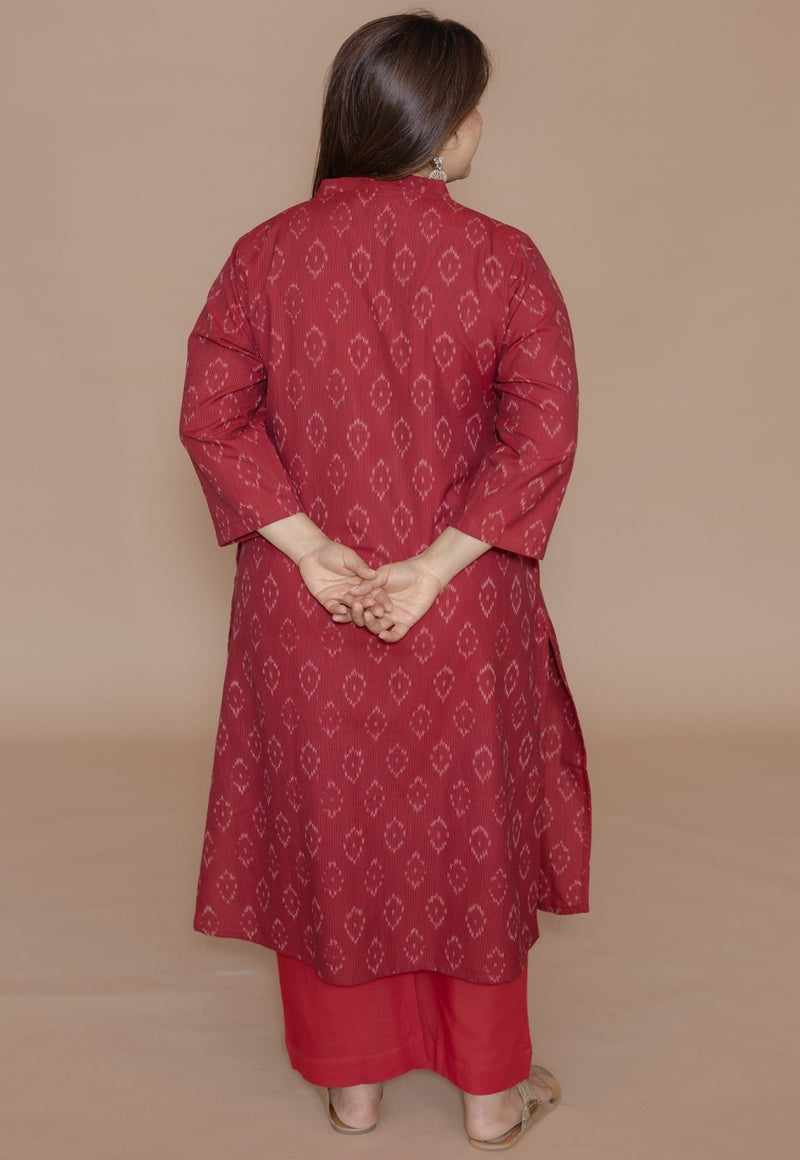 Avika Red Handloom Ikkat Cotton Straight Kurta