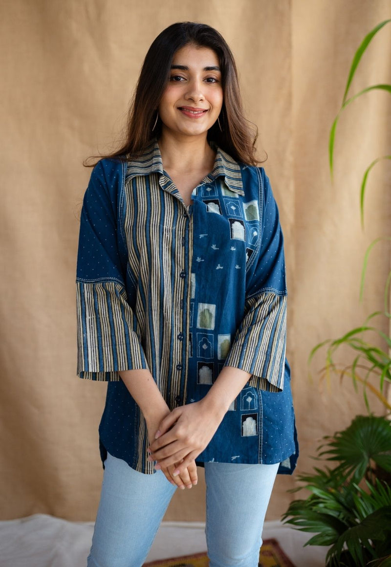 Jaipur Jharoka Indigo Ajrakh Cotton Loose Shirt with Hand Embroidery