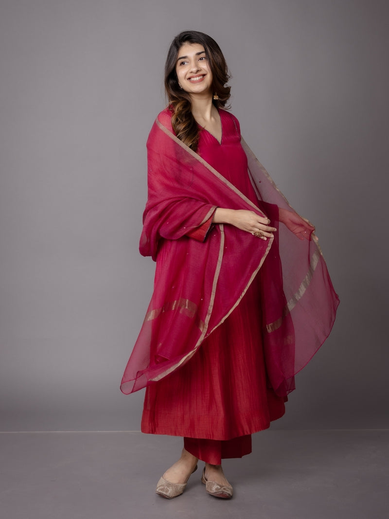 Pink Solid Zari Silk Net Dupatta with Hand Embroidery