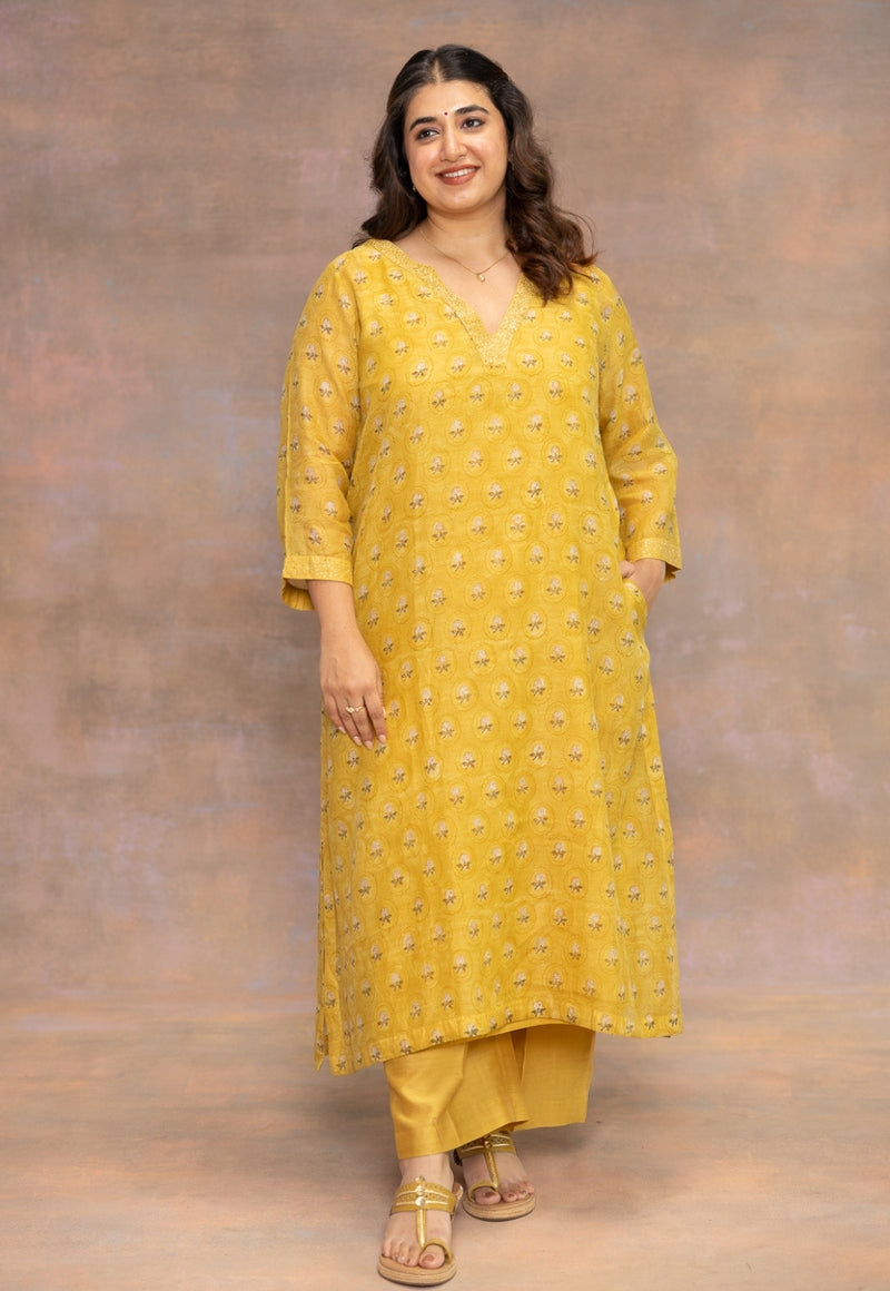 Rosa Yellow Sanganeri Chanderi Silk Straight Kurta with Pitta Embroidery