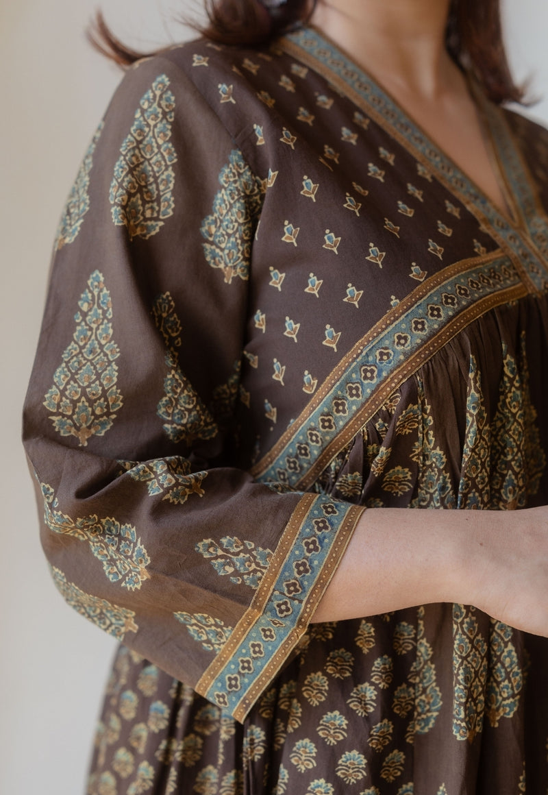 Maheen Brown Ajrakh Cotton A Line Kurta
