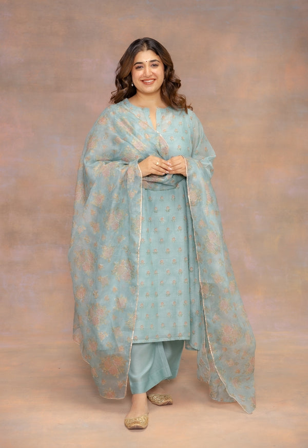 Rosalia Blue Sanganeri Kota Doria Silk Dupatta with Lace Detailing