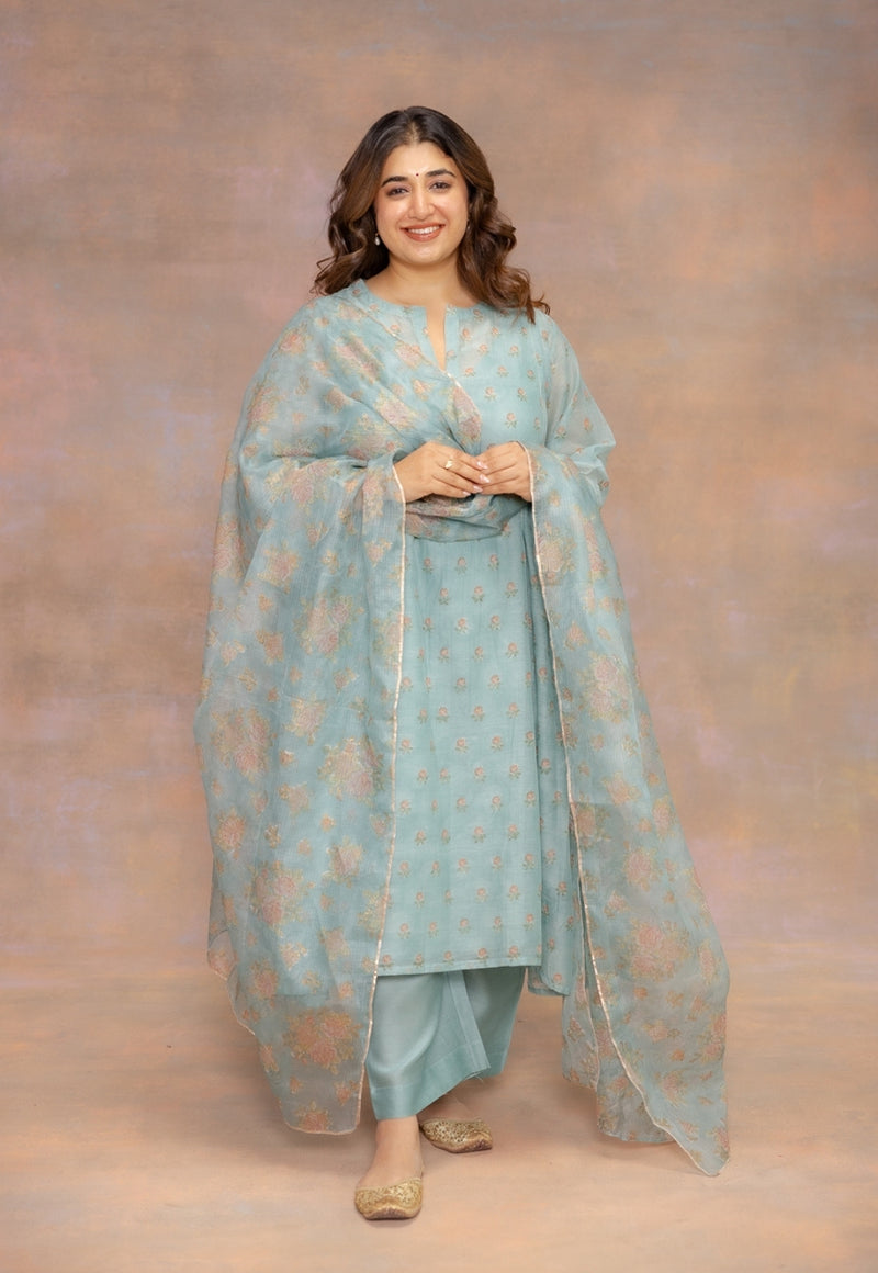 Rosalia Blue Sanganeri Kota Doria Silk Dupatta with Lace Detailing