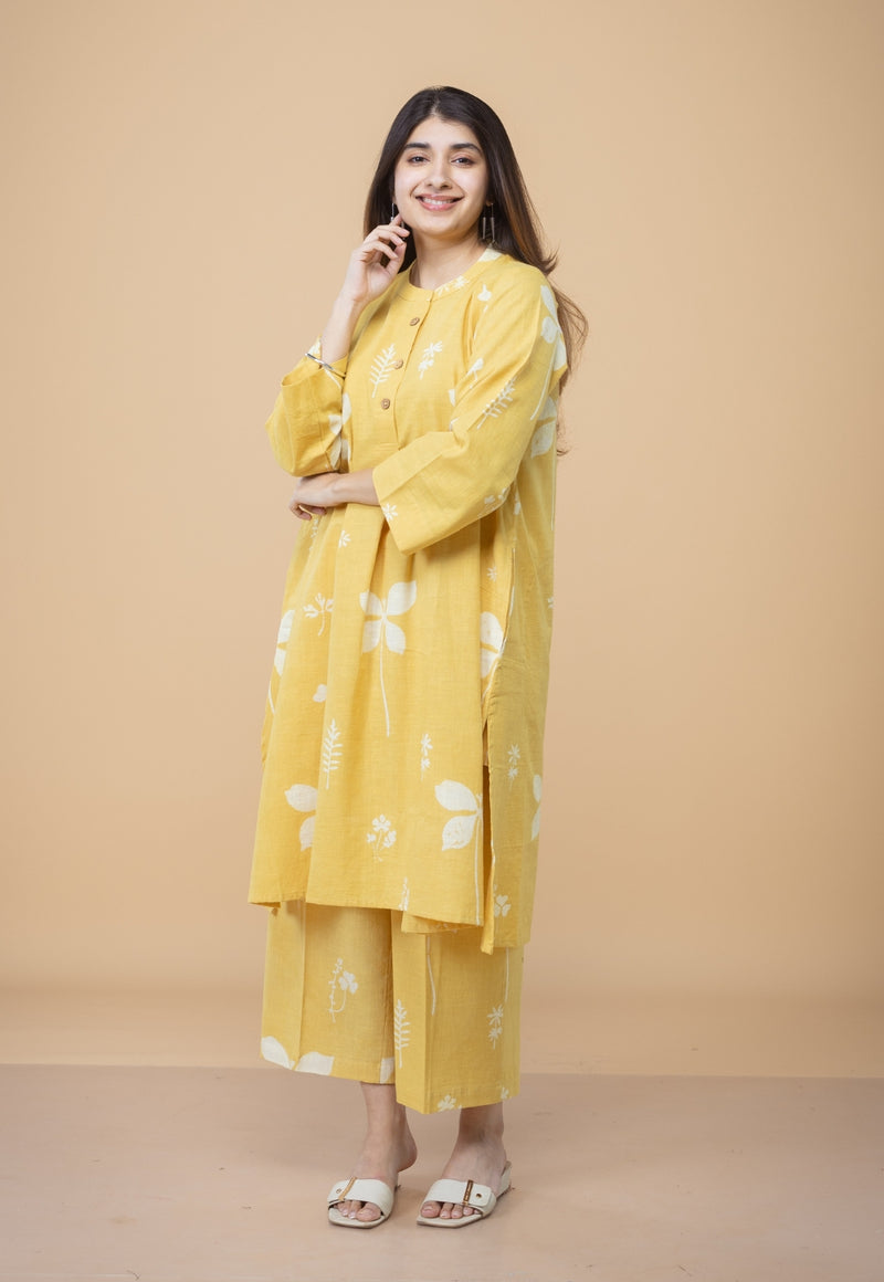 Ayaat Yellow Dabu Slub Cotton Straight Co-ord Set