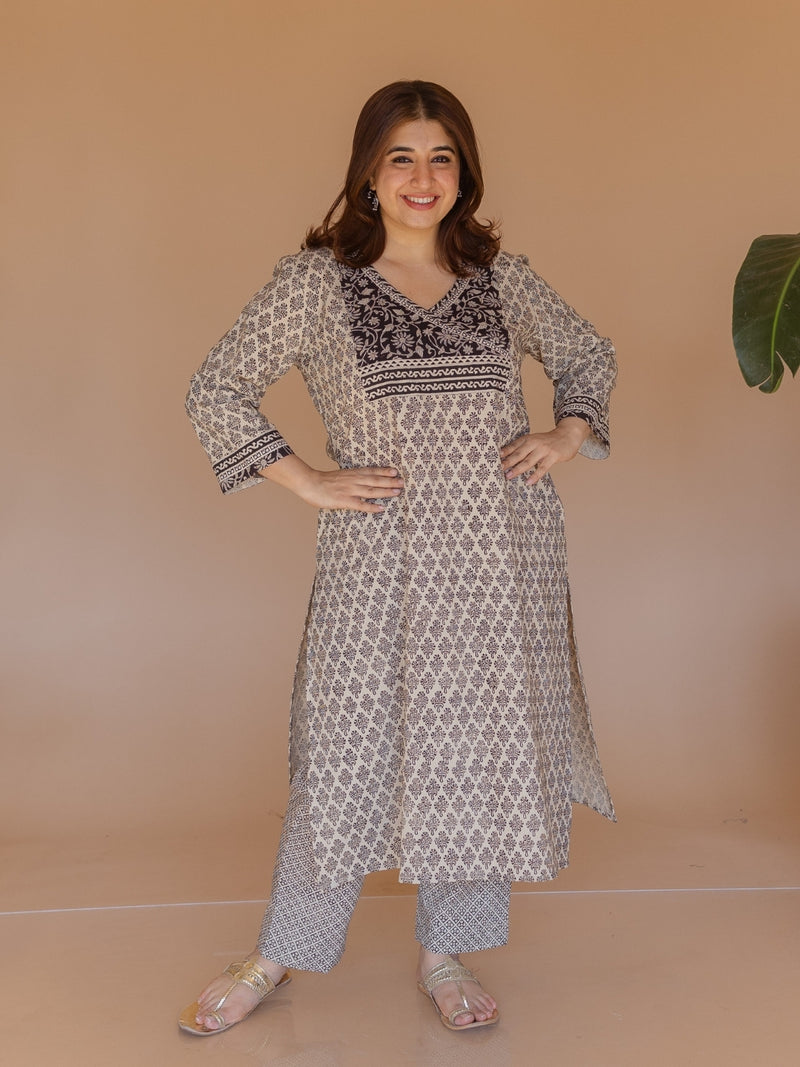 Ziya Off White Bagru Cotton Straight Kurta