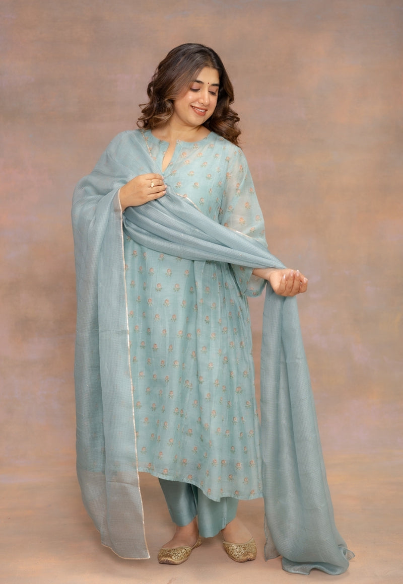 Rosalia Blue Sanganeri Chanderi Silk Kali Kurta