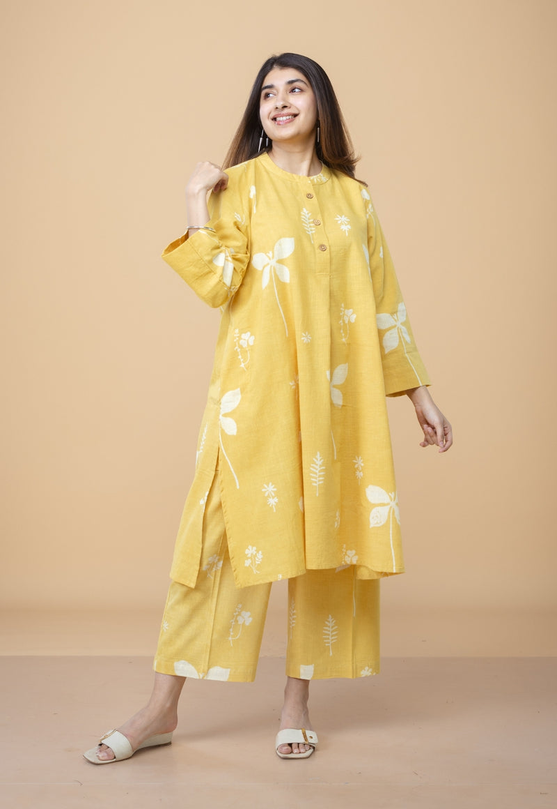 Ayaat Yellow Dabu Slub Cotton Straight Co-ord Set