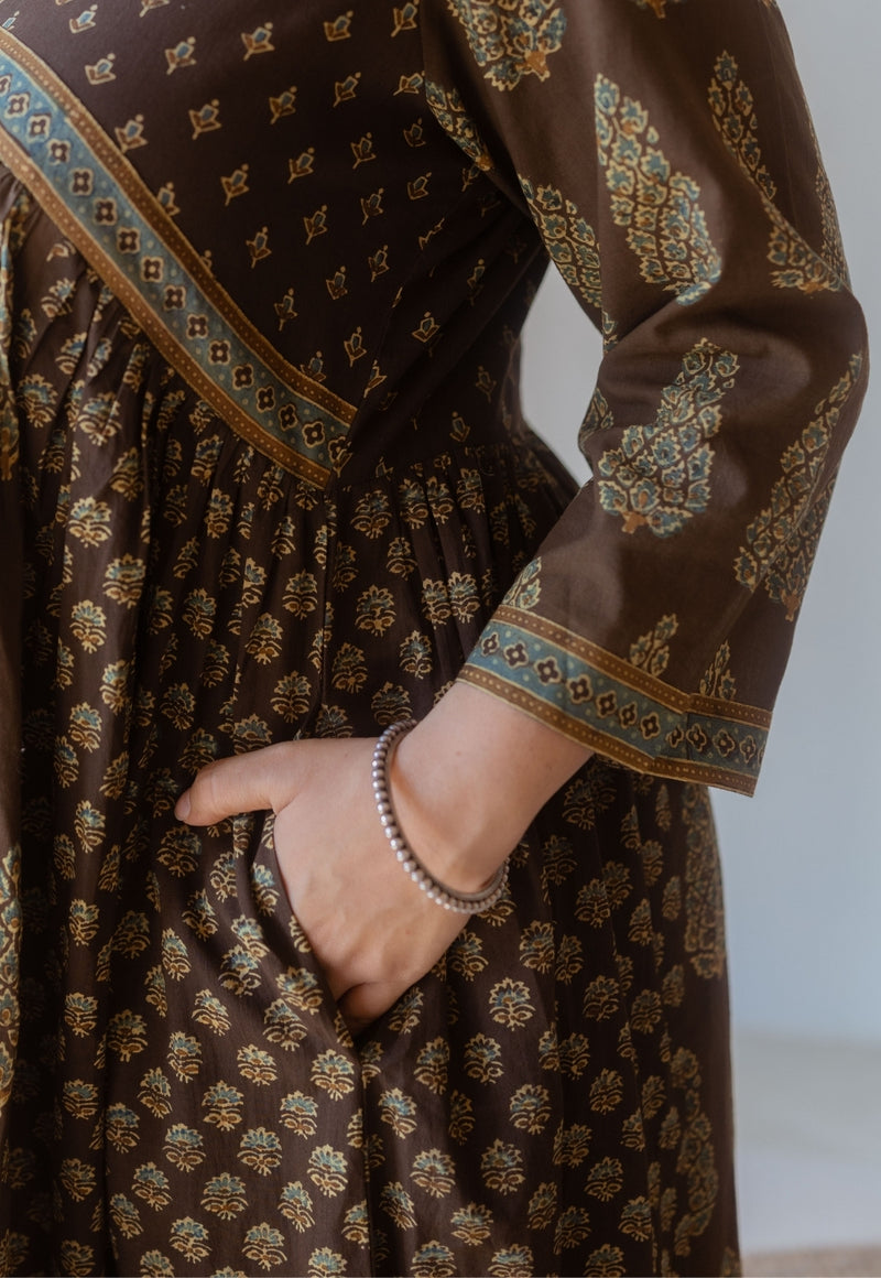 Maheen Brown Ajrakh Cotton A Line Kurta
