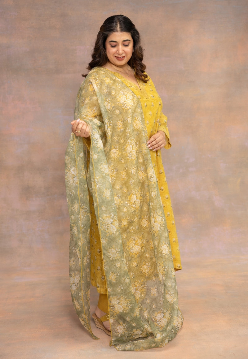 Rosa Yellow Sanganeri Chanderi Silk Straight Kurta with Pitta Embroidery