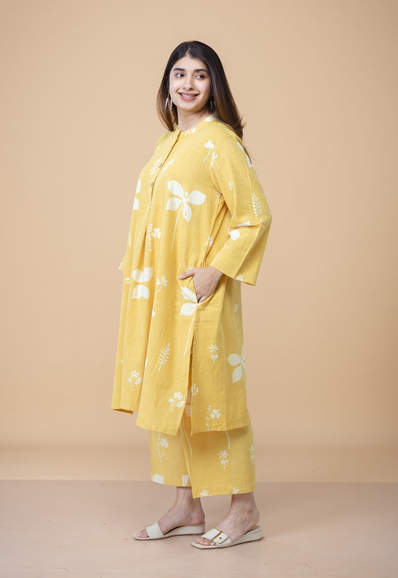 Ayaat Yellow Dabu Slub Cotton Straight Co-ord Set
