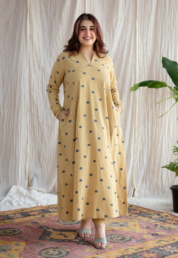 Kamal Yellow Ajrakh Cotton Kali Kurta with Hand Embroidery