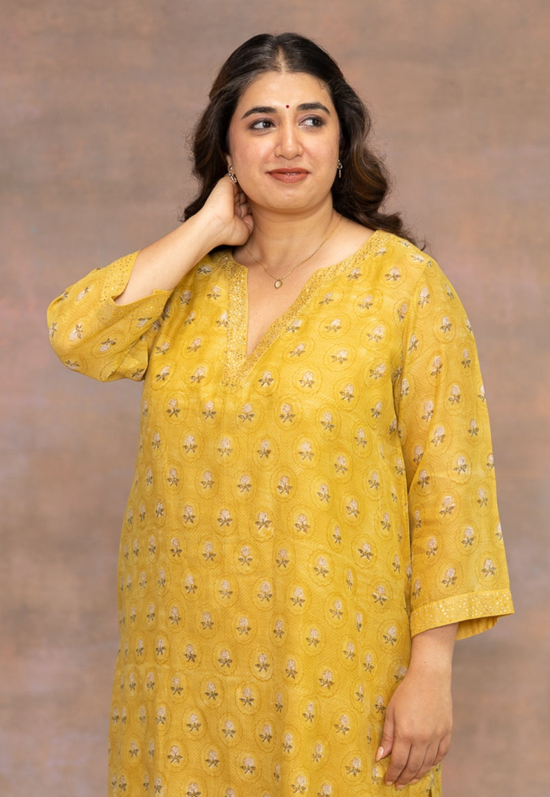 Rosa Yellow Sanganeri Chanderi Silk Straight Kurta with Pitta Embroidery