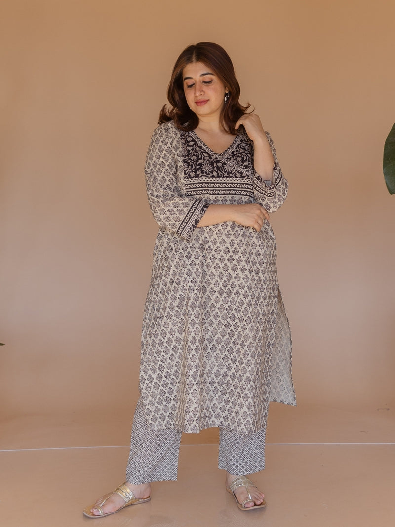 Ziya Off White Bagru Cotton Straight Kurta