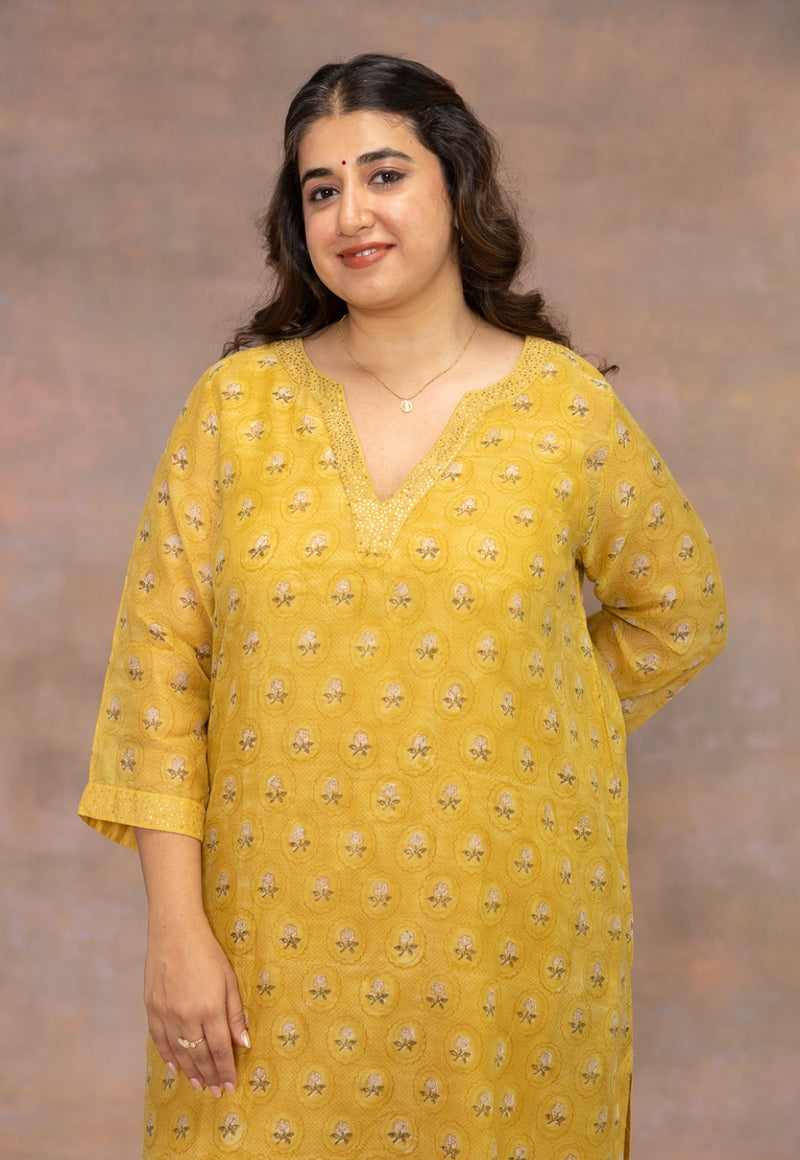 Rosa Yellow Sanganeri Chanderi Silk Straight Kurta with Pitta Embroidery