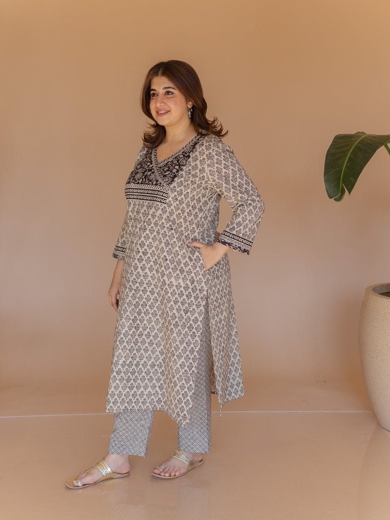 Ziya Off White Bagru Cotton Straight Kurta