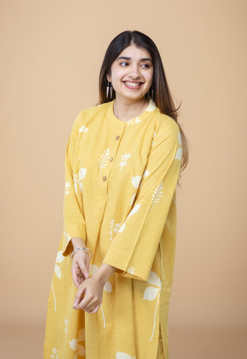 Ayaat Yellow Dabu Slub Cotton Straight Co-ord Set