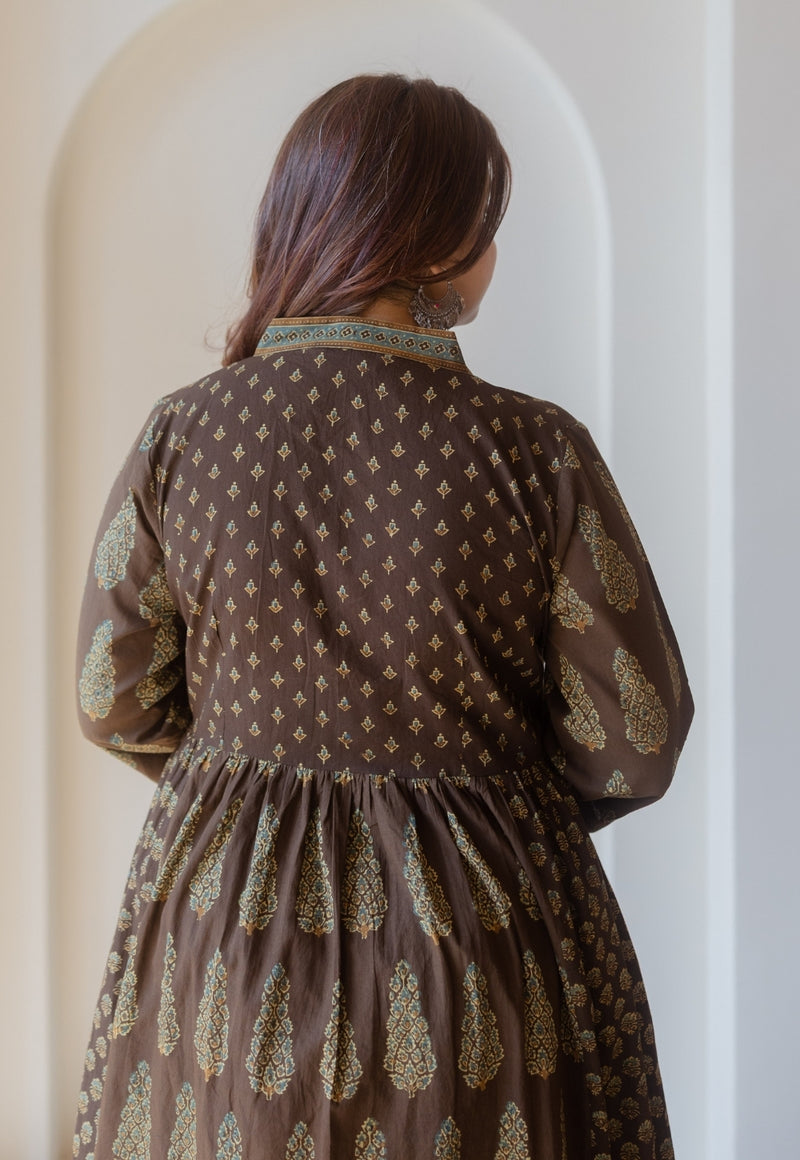 Maheen Brown Ajrakh Cotton A Line Kurta