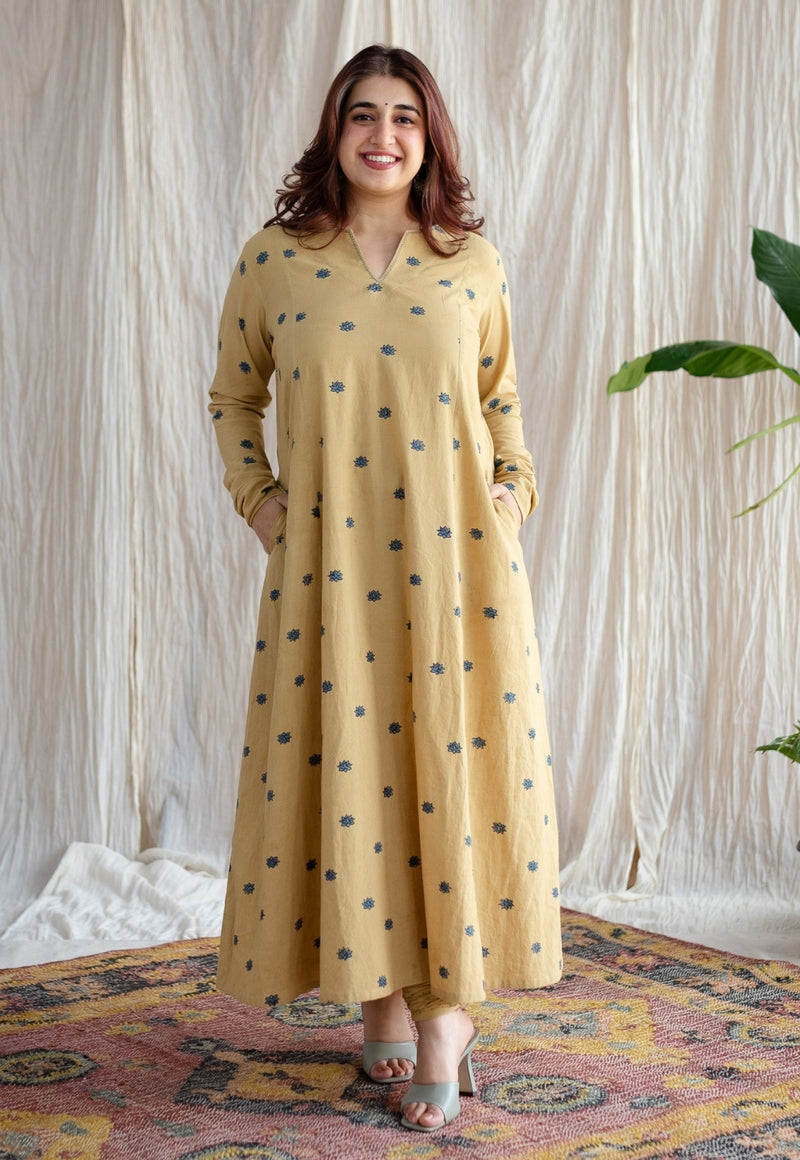 Kamal Yellow Ajrakh Cotton Kali Kurta with Hand Embroidery