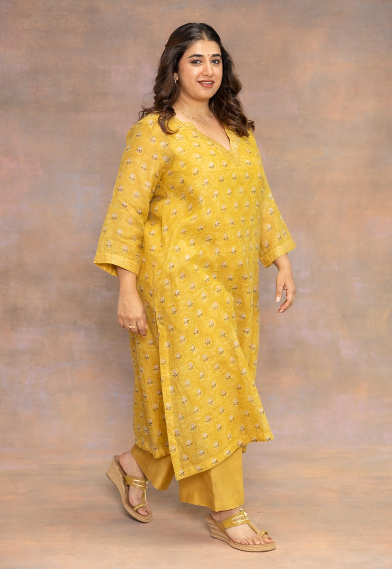 Rosa Yellow Sanganeri Chanderi Silk Straight Kurta with Pitta Embroidery
