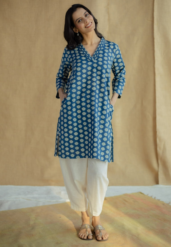 Zuhi Indigo Dabu Cotton Straight Kurta