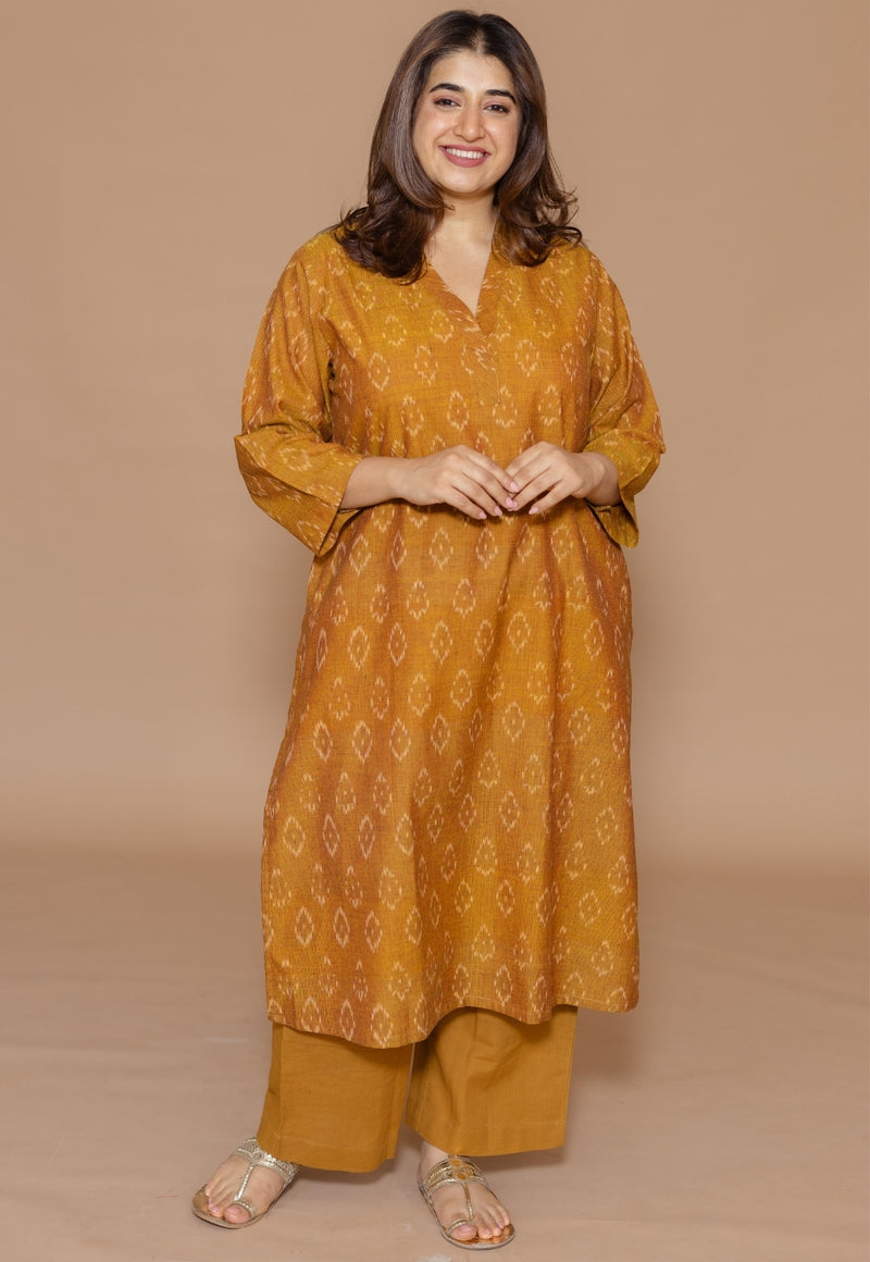Avika Yellow Handloom Ikkat Cotton Straight Kurta