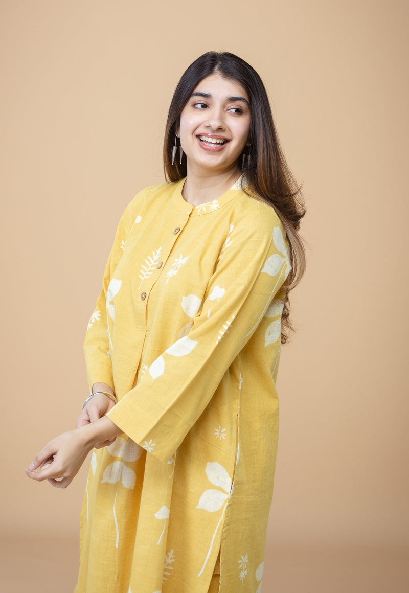 Ayaat Yellow Dabu Slub Cotton Straight Co-ord Set