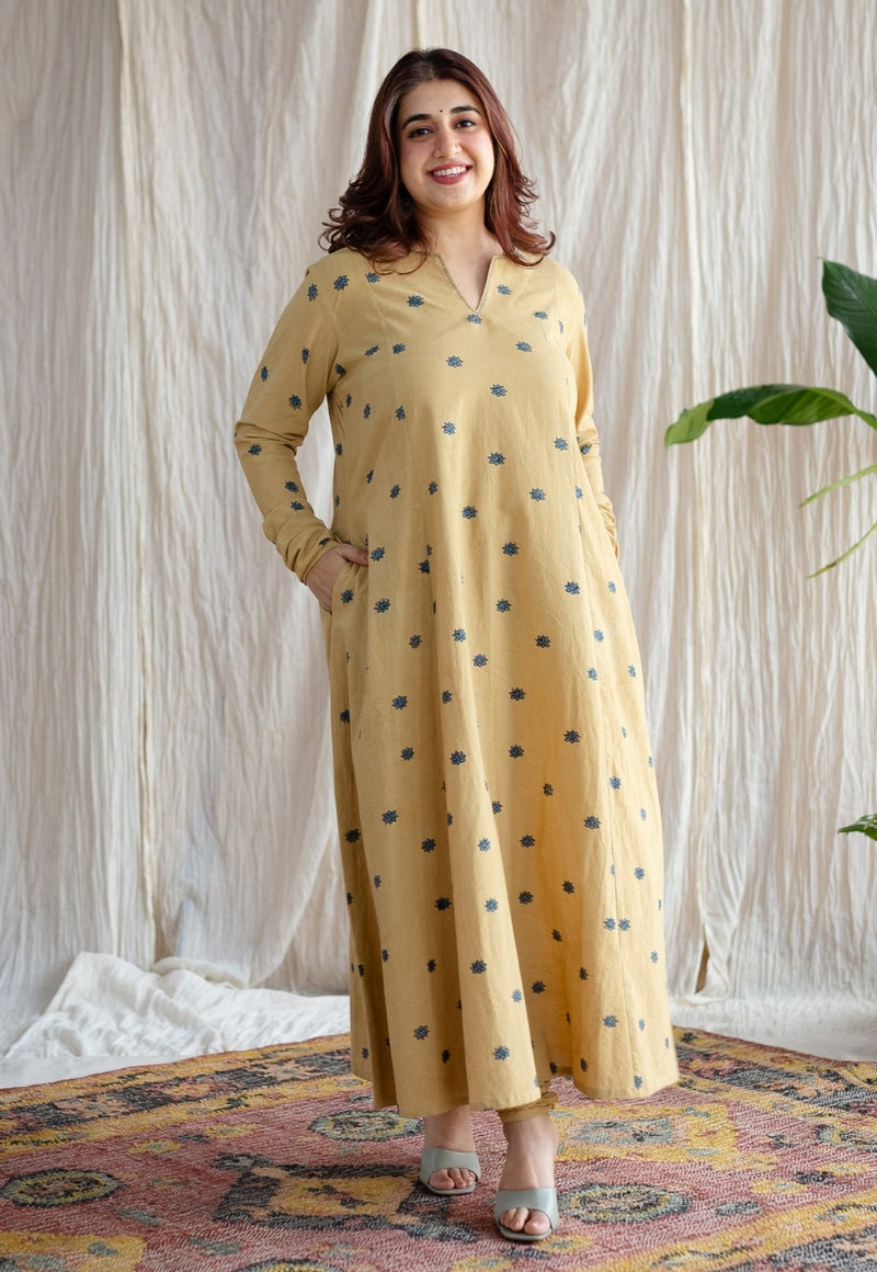 Kamal Yellow Ajrakh Cotton Kali Kurta with Hand Embroidery