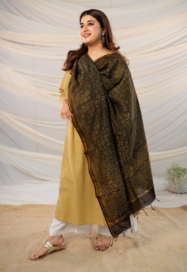 Ajrakh Chanderi Silk Gold Zari Border Dupatta