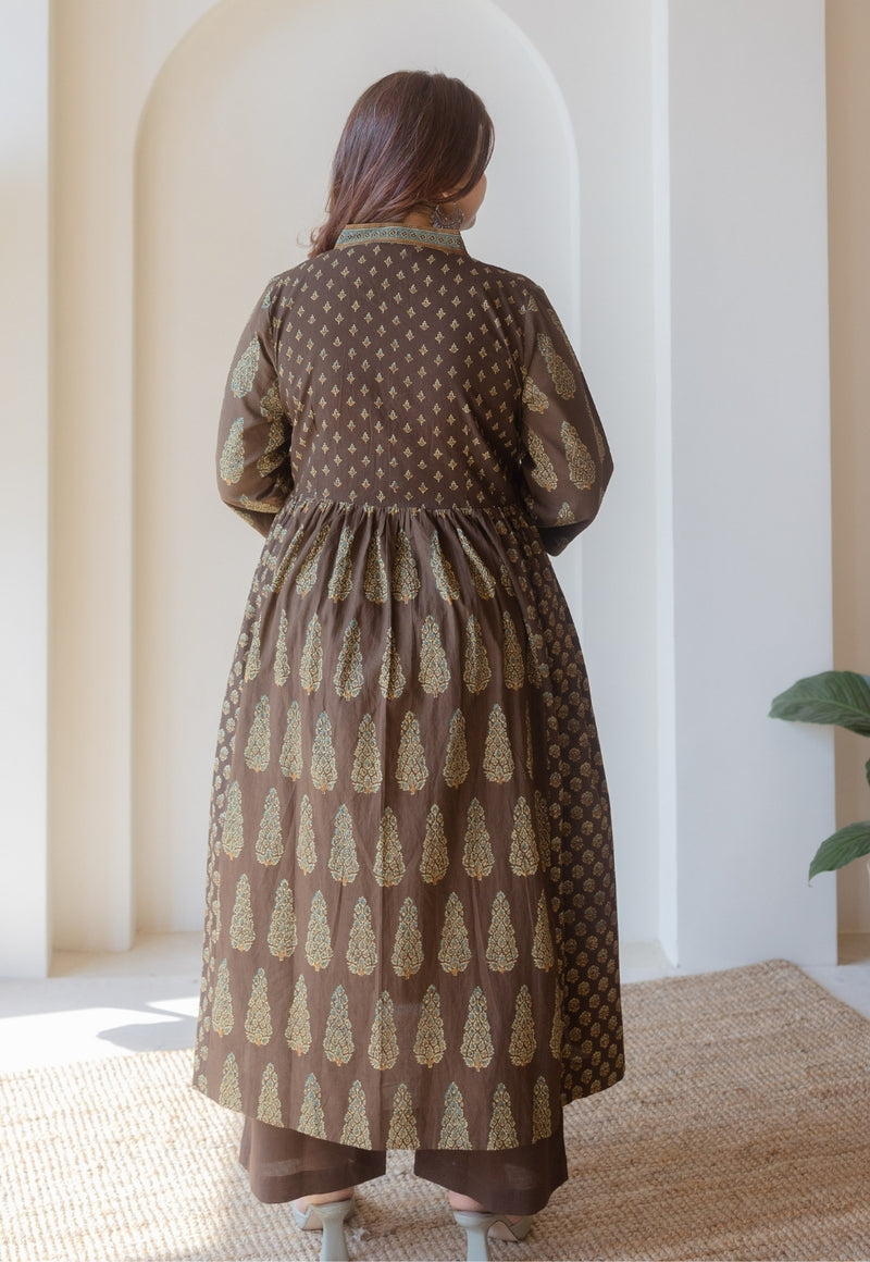 Maheen Brown Ajrakh Cotton A Line Kurta