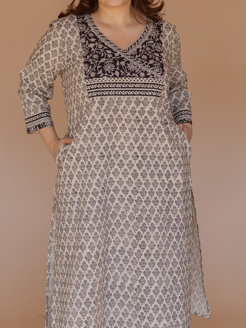 Ziya Off White Bagru Cotton Straight Kurta