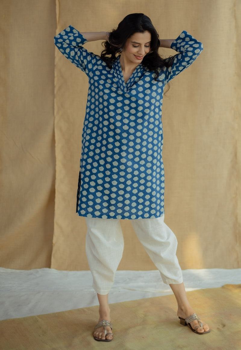 Zuhi Indigo Dabu Cotton Straight Kurta