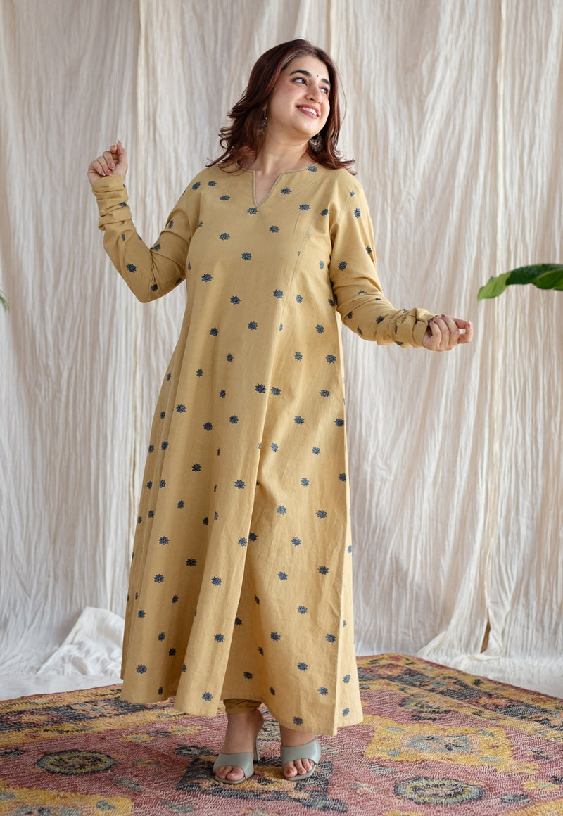 Kamal Yellow Ajrakh Cotton Kali Kurta with Hand Embroidery