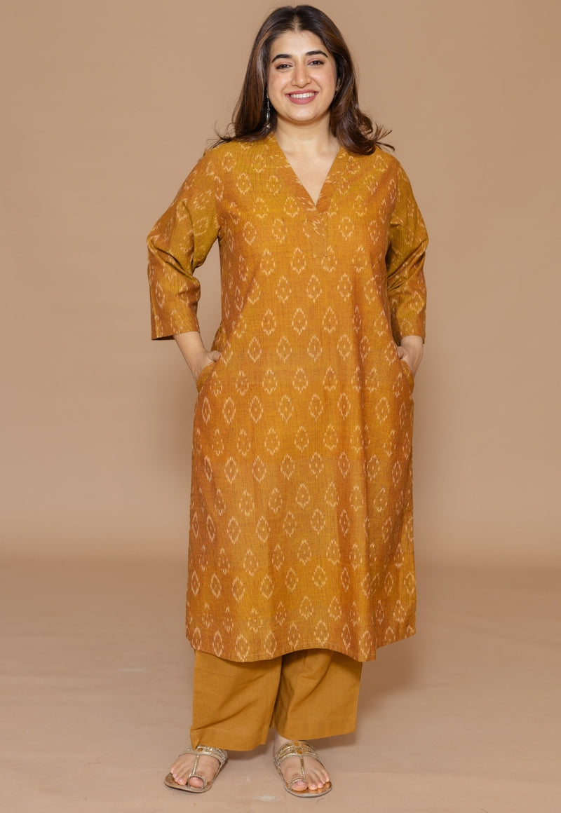 Avika Yellow Handloom Ikkat Cotton Straight Kurta