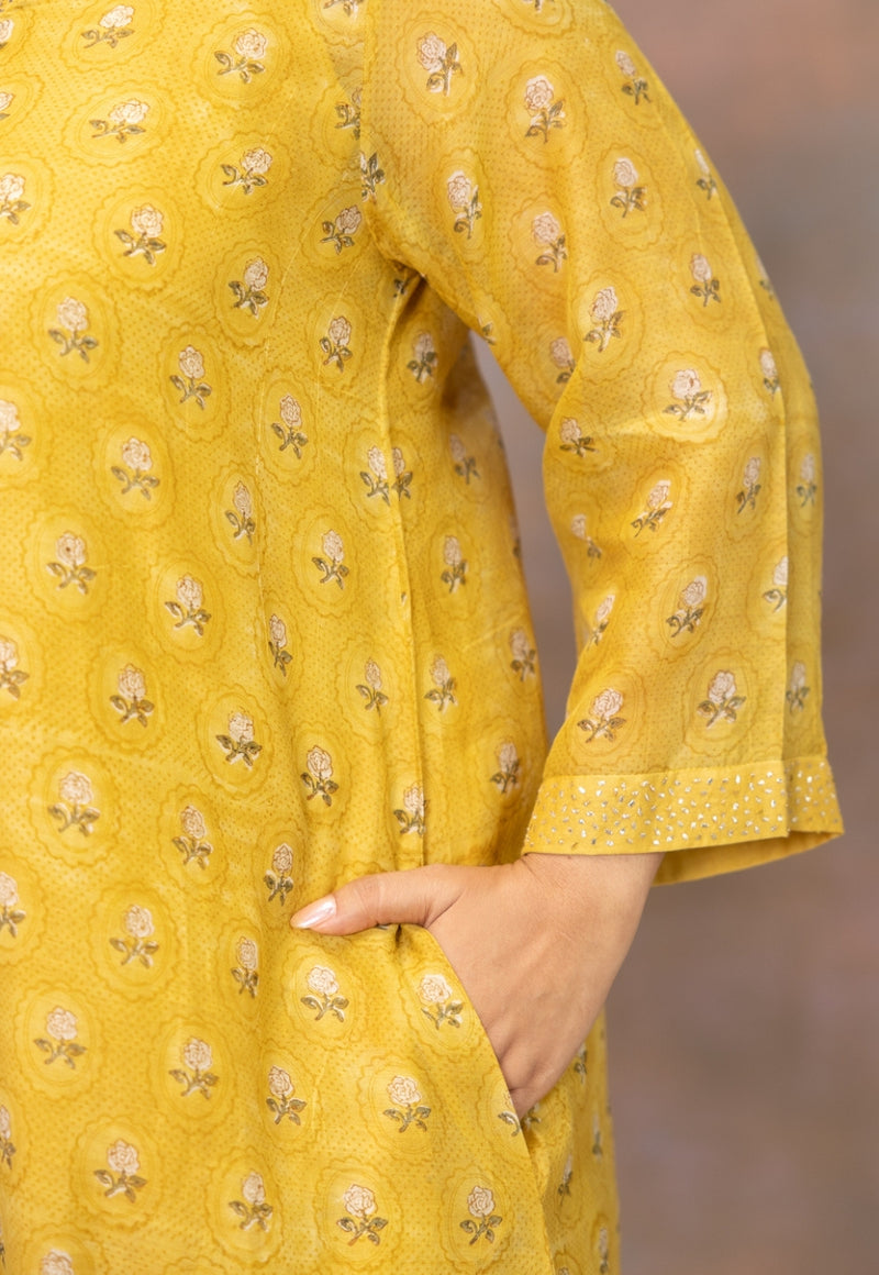 Rosa Yellow Sanganeri Chanderi Silk Straight Kurta with Pitta Embroidery