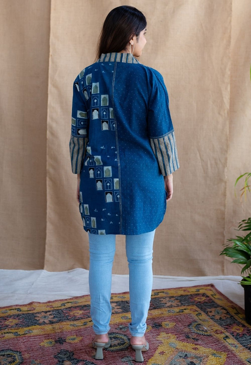 Jaipur Jharoka Indigo Ajrakh Cotton Loose Shirt with Hand Embroidery