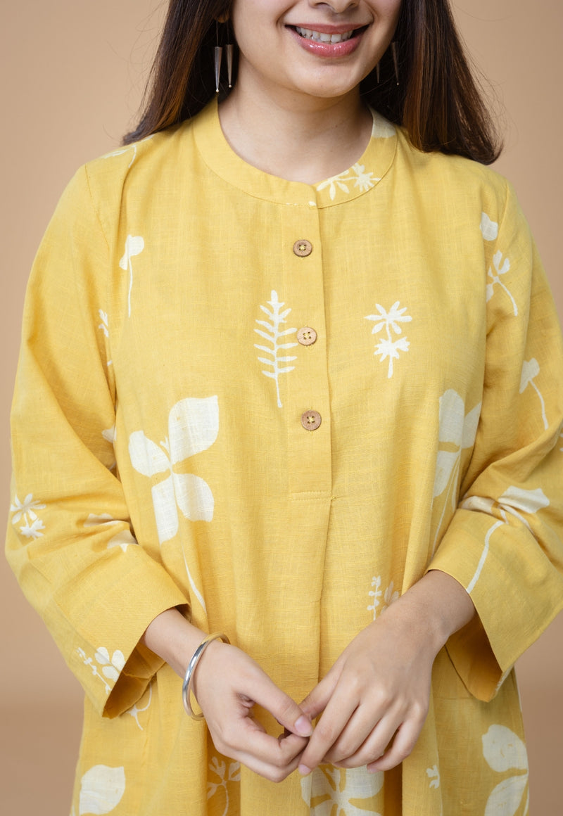 Ayaat Yellow Dabu Slub Cotton Straight Co-ord Set