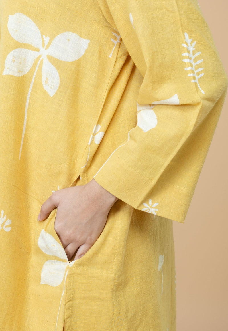 Ayaat Yellow Dabu Slub Cotton Straight Co-ord Set