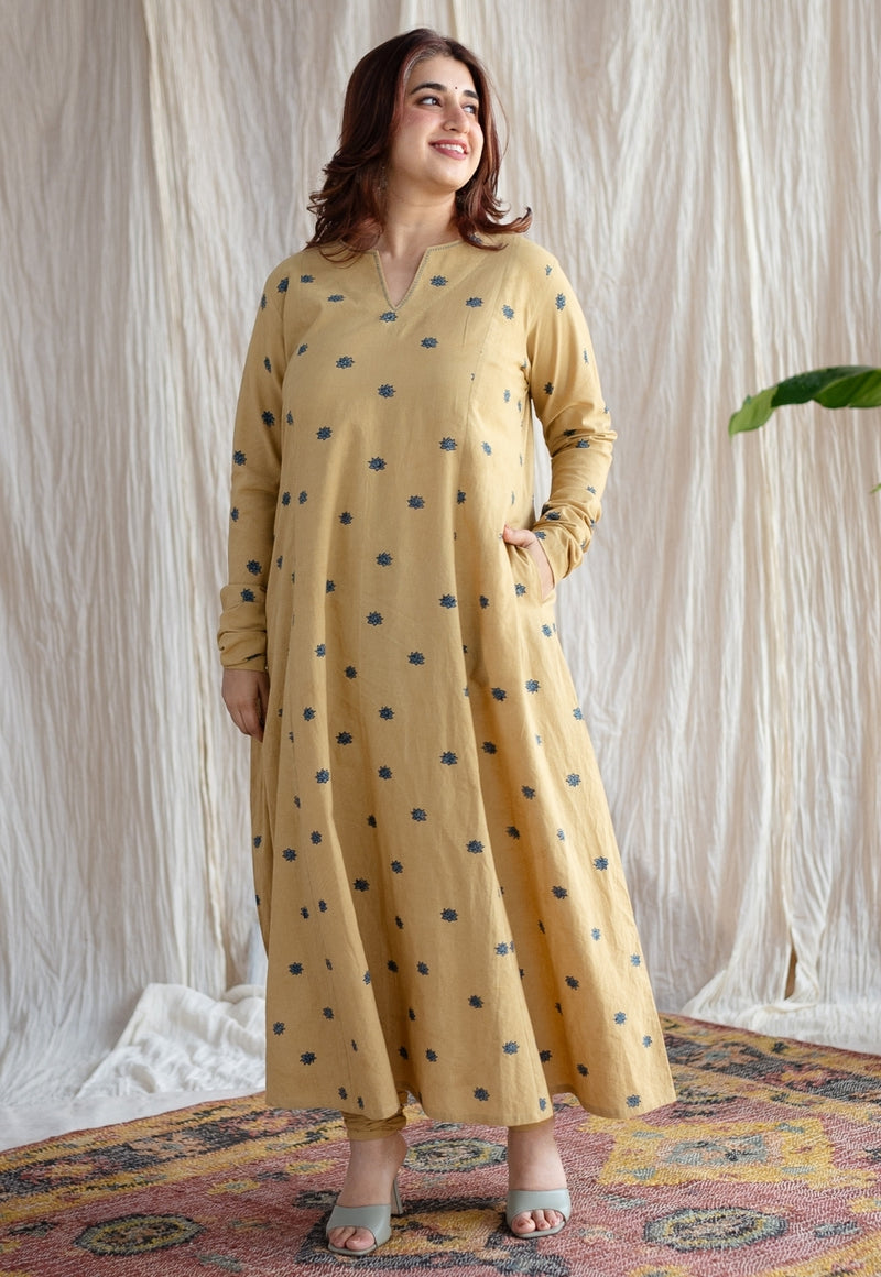 Kamal Yellow Ajrakh Cotton Kali Kurta with Hand Embroidery