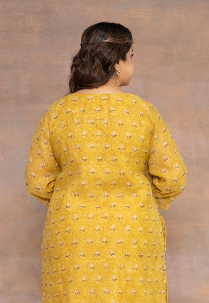 Rosa Yellow Sanganeri Chanderi Silk Straight Kurta with Pitta Embroidery