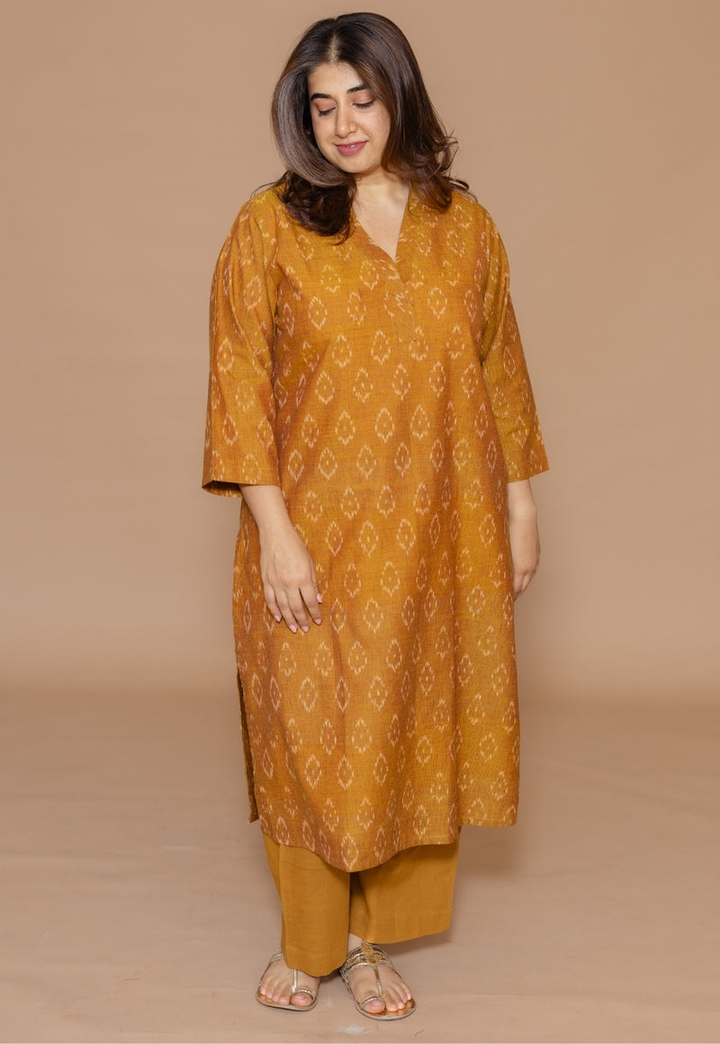 Avika Yellow Handloom Ikkat Cotton Straight Kurta