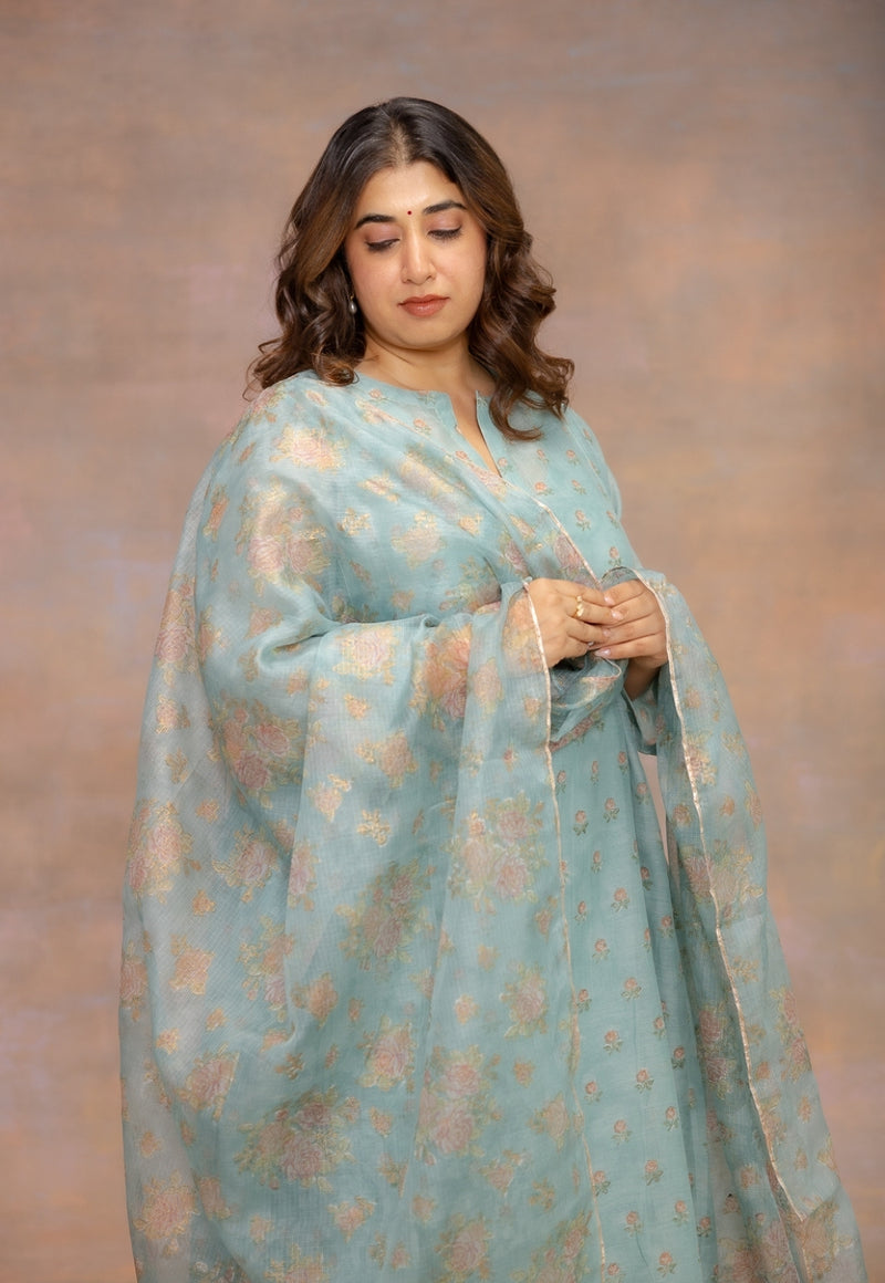 Rosalia Blue Sanganeri Kota Doria Silk Dupatta with Lace Detailing